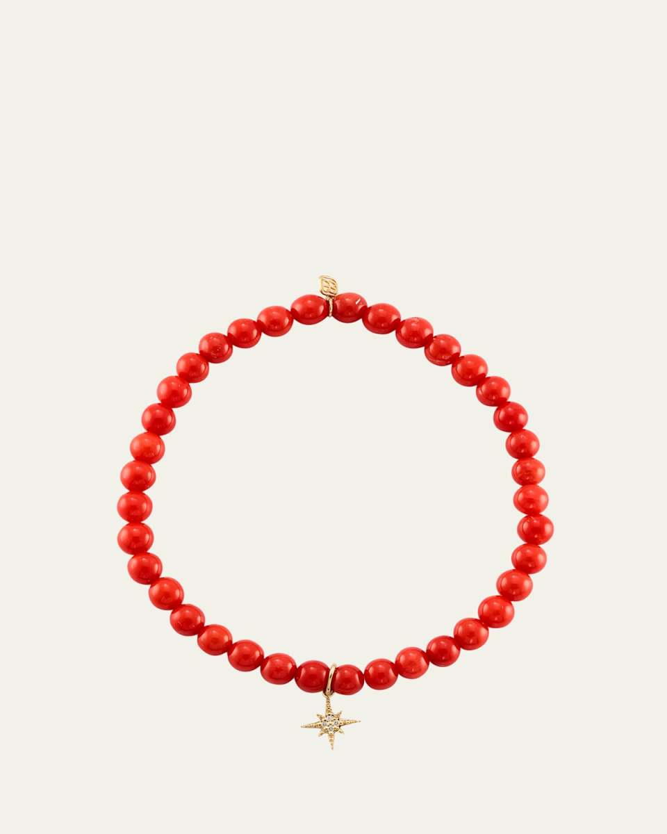 14K Gold & Diamond Pave Starburst Charm on Coral Beaded Bracelet